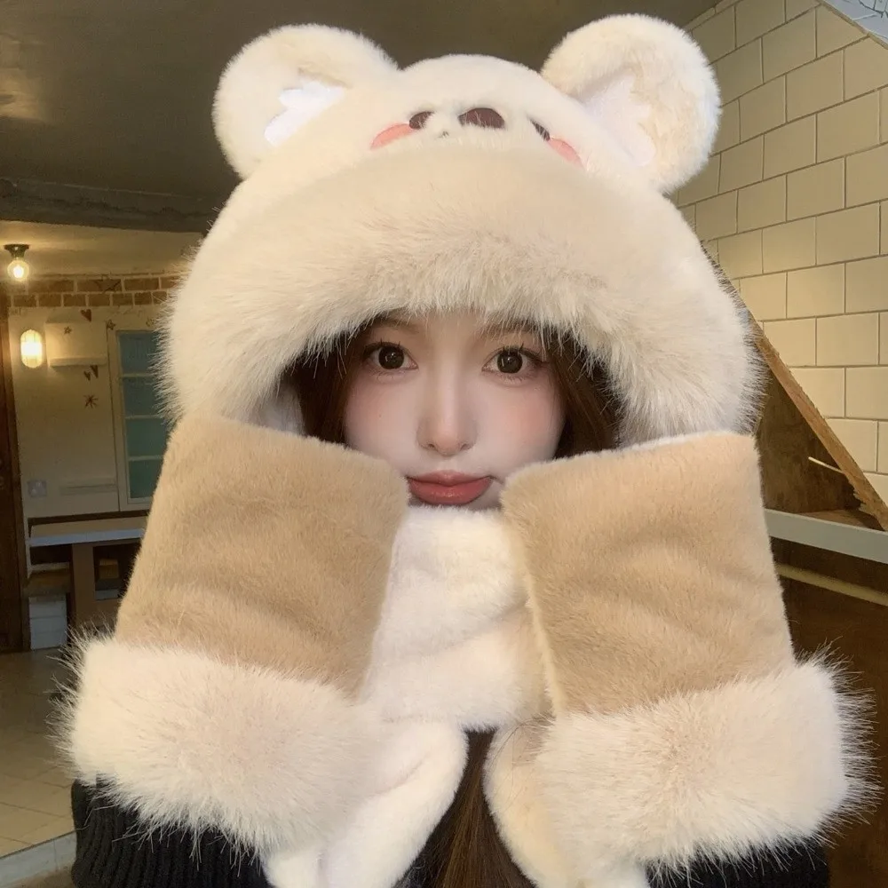 3pcs/Set 3 Piece Set Bear Hat Scarf Gloves Set Polyester Cold Proof Winter Hat Scarf Gloves Set Cold Weather Thick Warm