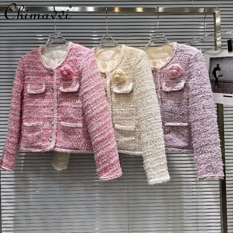 

2025 зимняя новая мода с длинным рукавом и 3D цветочным тканым краем, твидовое пуховое короткое пальто, женская элегантная куртка с длинным рукавом, топ