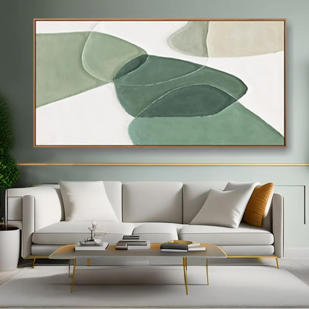 

Modern wall art, green and white, large geometric color blocks, lines, paintings, simple images, textures, art frames