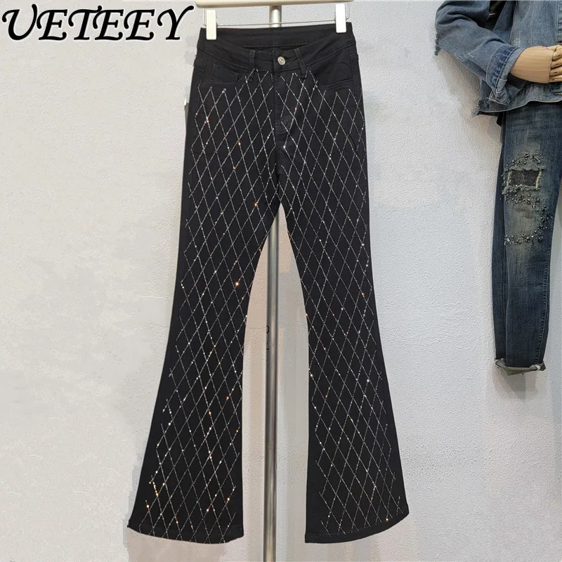 Black Stretch Jeans Women's New Spring and Autumn Heavy Industry Rhombus Pattern Hot Diamond Thin Straight Micro-pull Pants