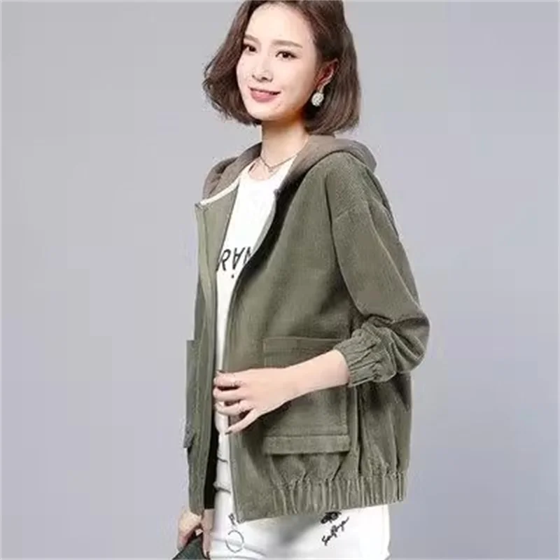 Single Layer Corduroy Short Jacket For Women's 2024 Dpring And Autumn New Korean Loose And Versatile Fashion Casual Hooded Coat