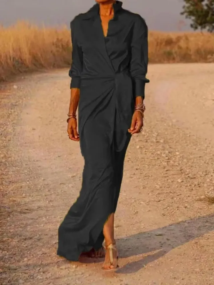 Lemongor Fashion Solid Color Tied Waist Lapel A-line Dress Women 2024 New Autumn Long Sleeve Elegant Party Evening Maxi Dresses