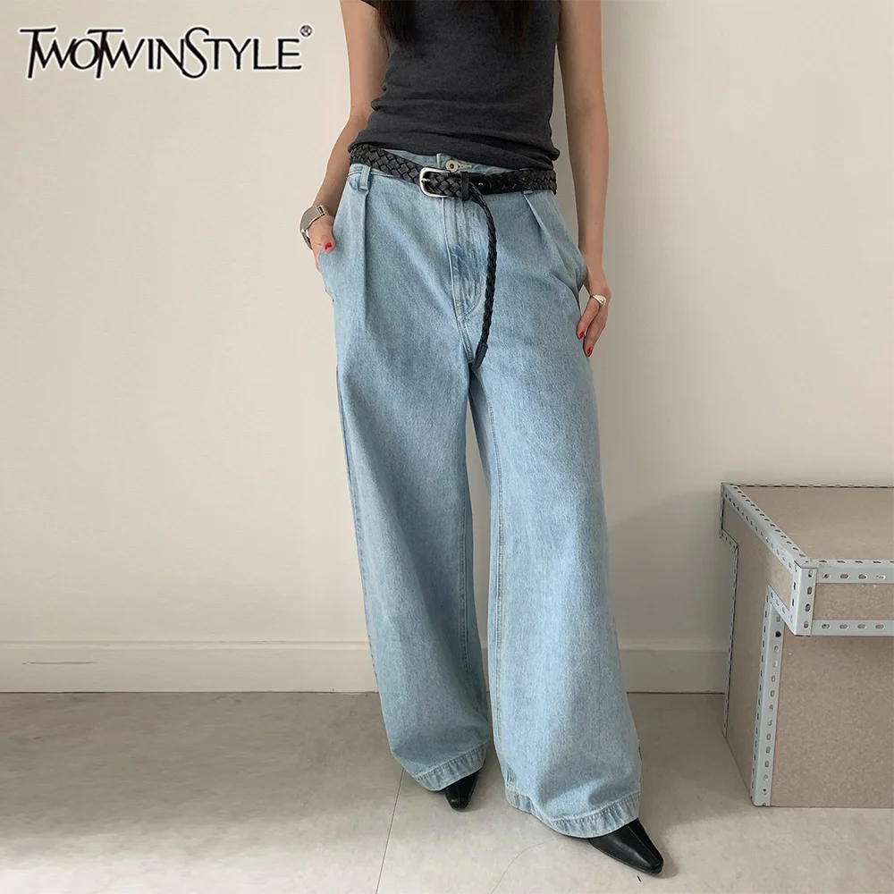 

TWOTWINSTYLE, свободные винтажные широкие джинсы для женщин, высокая талия, лоскутные карманы, темпераментные джинсы, женская модная одежда, новинка