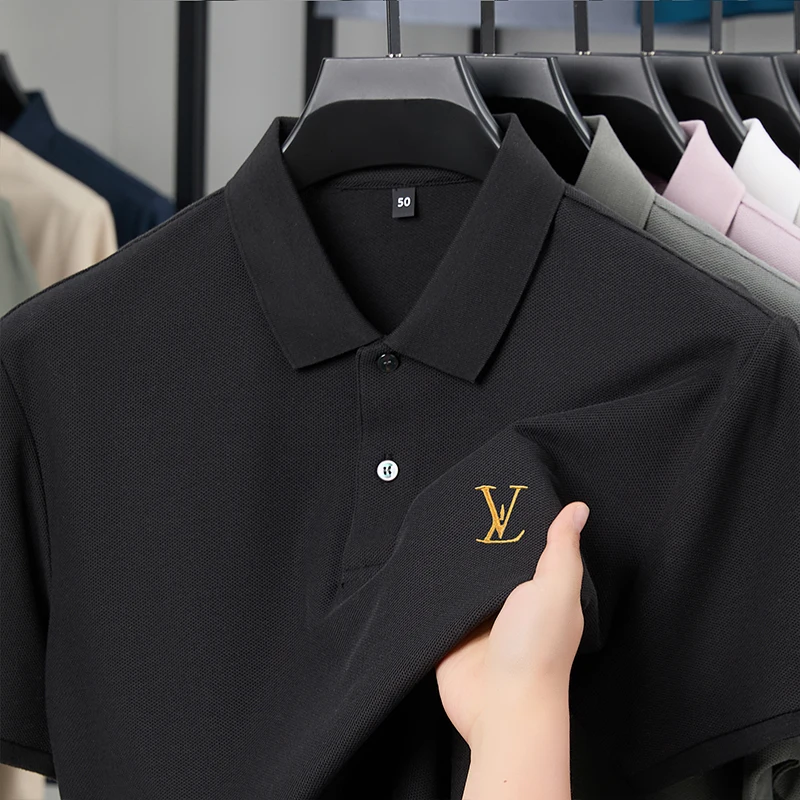 الفاخرة جودة الرجال قميص بولو التلبيب تي شيرتات قصيرة الاكمام الصيف جديد بلون التطريز بسيط موضة الأعمال ملابس رجالية