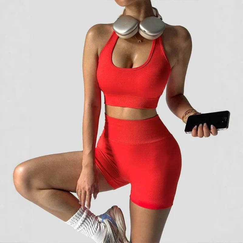 

Новинка 2026: Летний повседневный комплект для фитнеса (топ и шорты) для женщин, для йоги