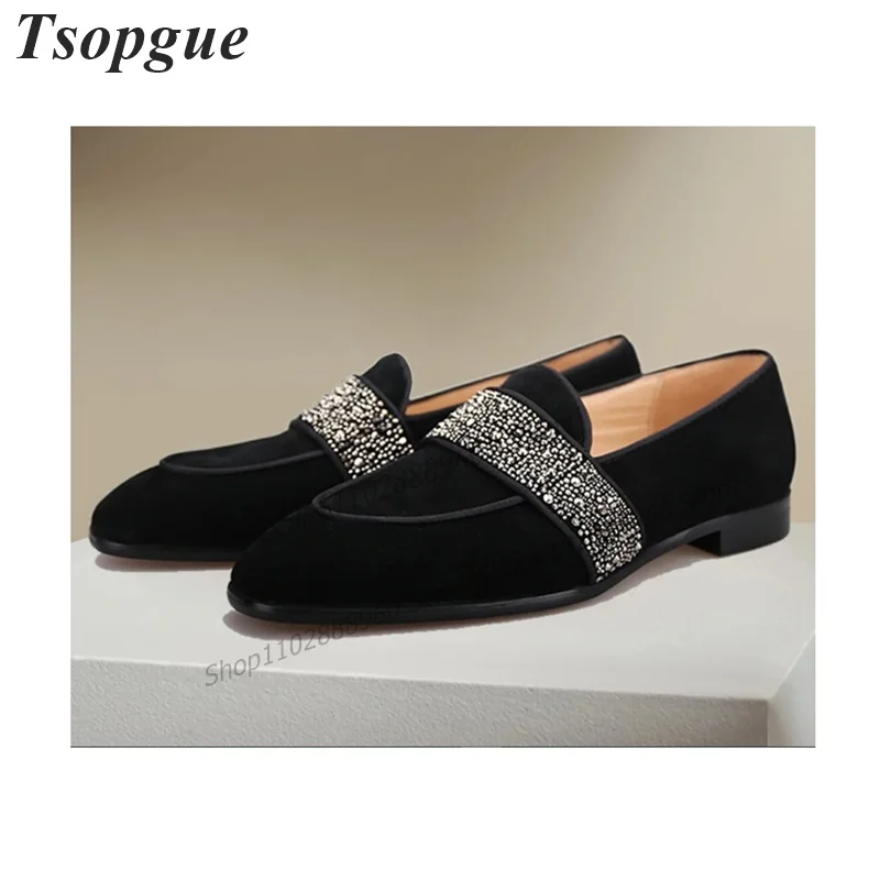 

Black Flock Crystal Belt Decor Men Shoes Men's Loafers Pumps Flat With High Quality Casual Shoes 2023 Fashion Zapatillas Mujer