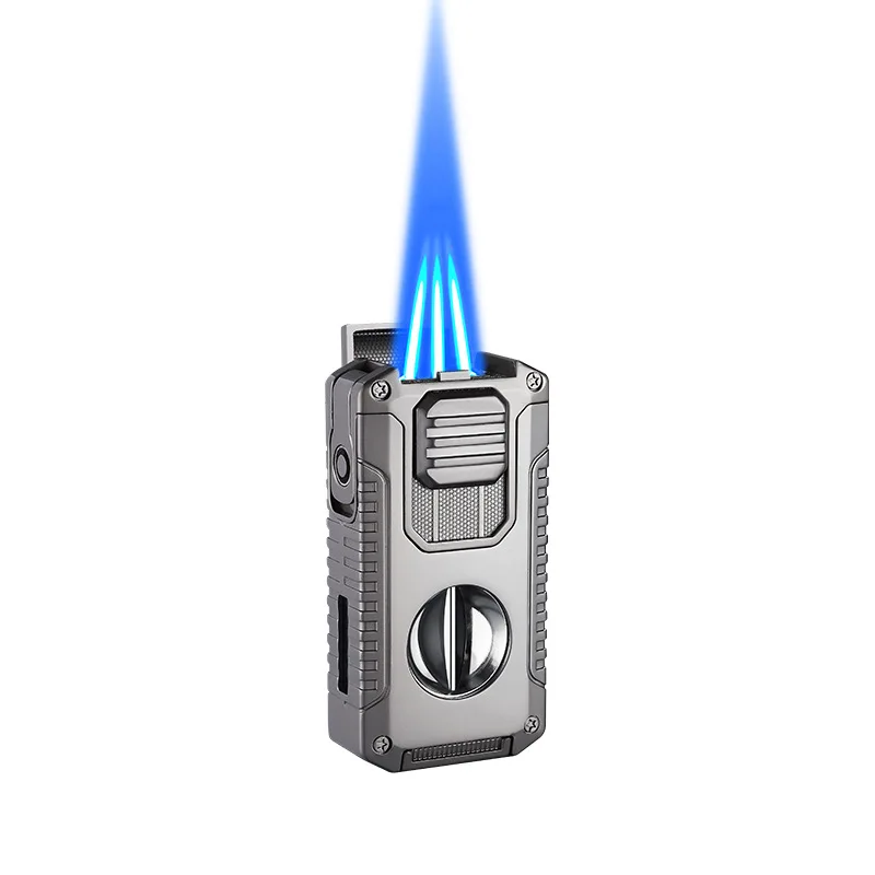 Multifunctional Three-jet Flame Direct Injection Cigar Lighter with Built-in V-shaped Cigar Cutter Portable Five-in-one