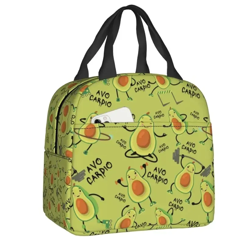 Personalizado Avo Cardio divertido Fitness amarillo verde aguacate patrón bolsa de almuerzo hombres mujeres refrigerador cálido aislamiento lonchera para niños escuela