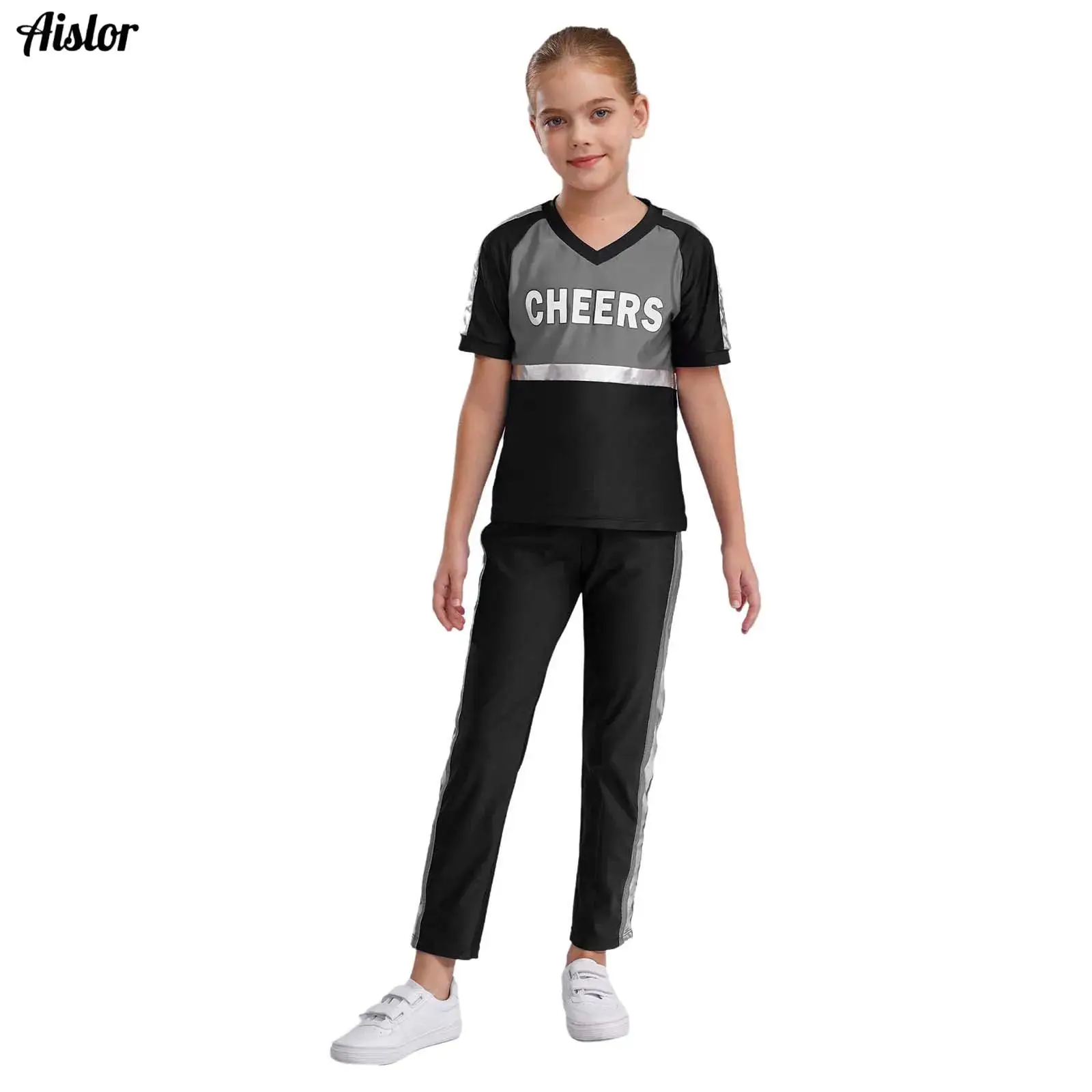 

Kids Girls Boys Cheerleading Uniform 2-Piece V-neck Short Sleeve Letter Print Metallic Color Block T-shirt with Pants Streetwear