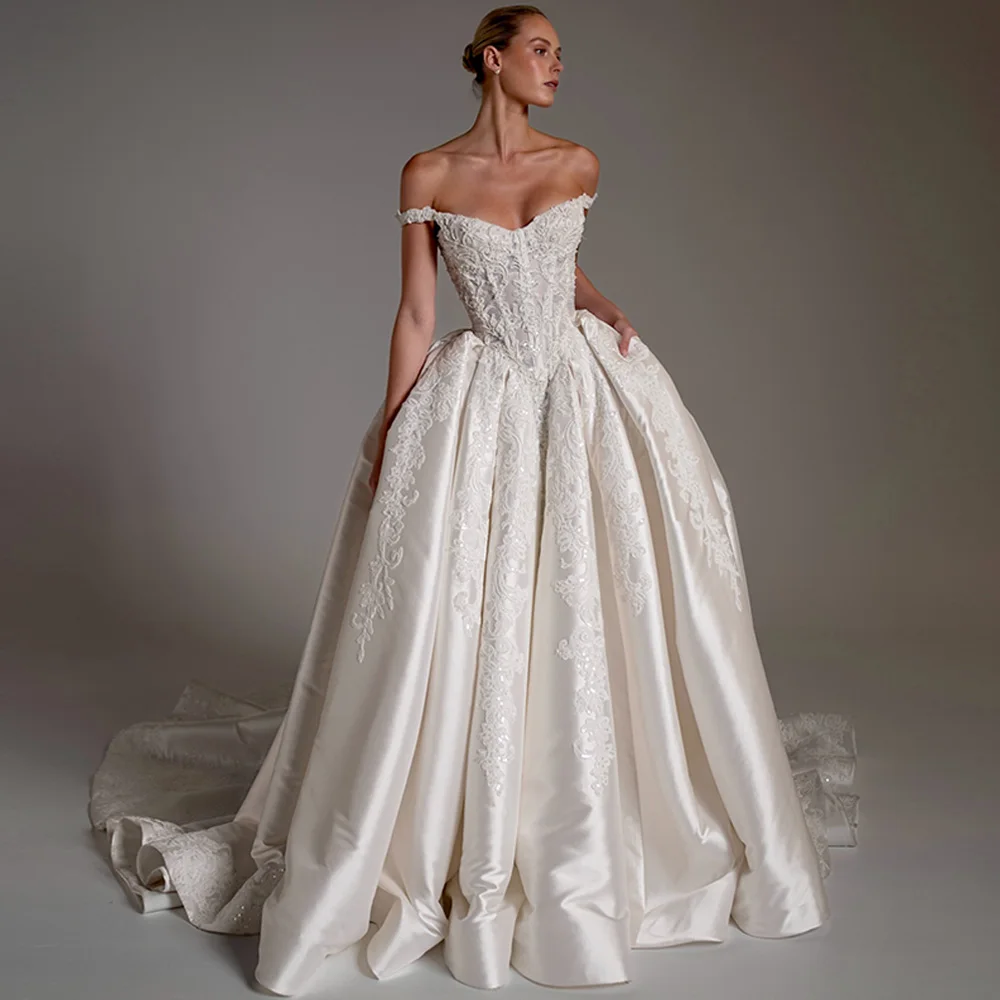 Off the Shoulder Strapless Wedding Dress Customized Classic A-Line Satin Vestido De Novia Luxury Appliques Pearls Robe de mariée