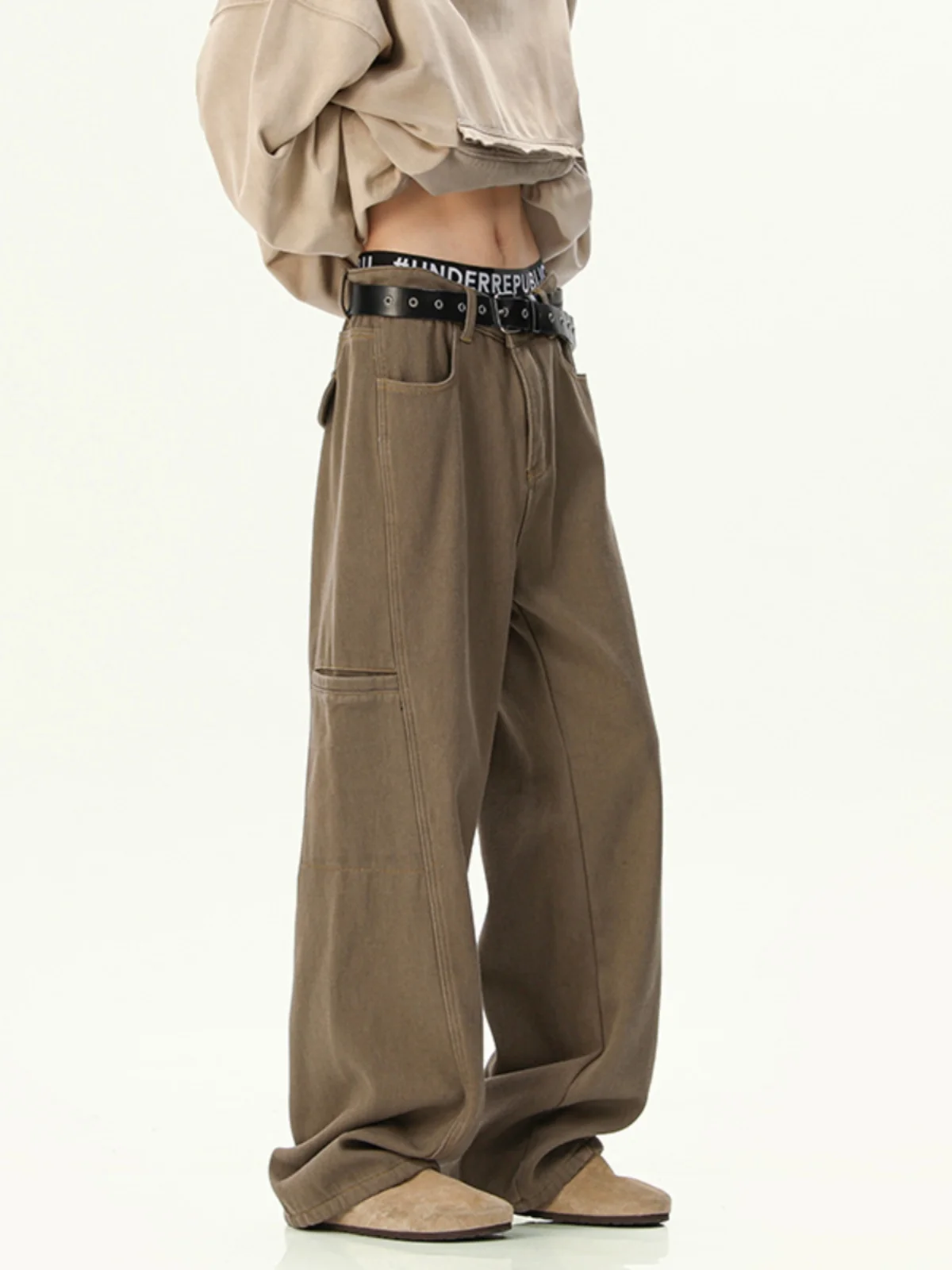 

Retro High Waist Workwear Denim Pants Men's Autumn Winter Fce Wide Leg Loose Brown Long Trousers Straight Cut Jeans