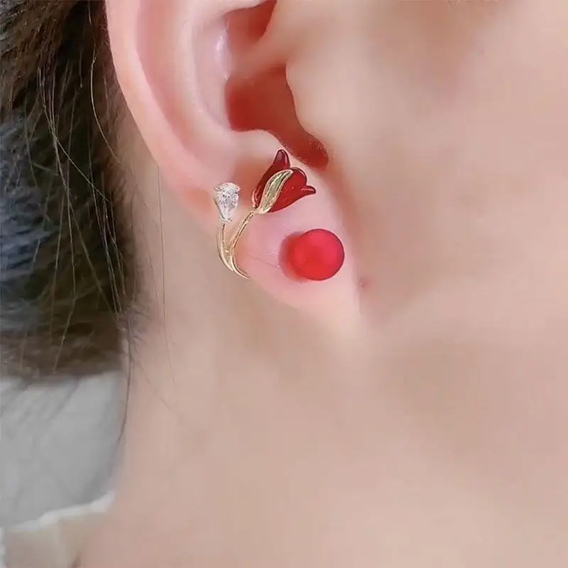 Korean Fashion Luxury Jewelry Earings Red Tulip Flower Imitation Pearl Elegant Sweet Earrings For Women Gifts Stud Earrings 2023