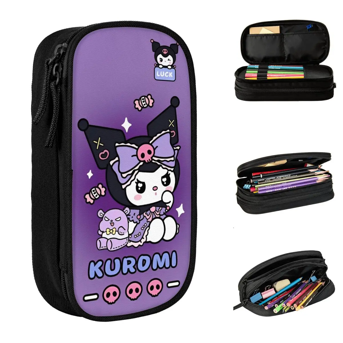 Kawaii Kuromi Luck Pencil Cases Cute Cartoon Pen Holder Bags Girl Boy Large Storage Office Zipper Pencilcases