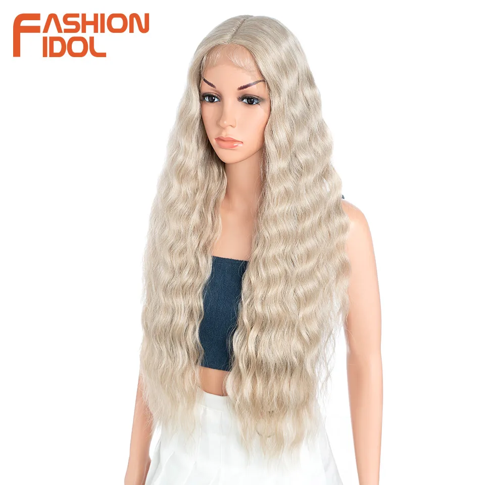 FASHION IDOL 30 Inch Lace Front Wigs Synthetic Ombre Blonde Water Wave Hair Wigs For Women High Temperature Fiber Cosplay Wigs image 4
