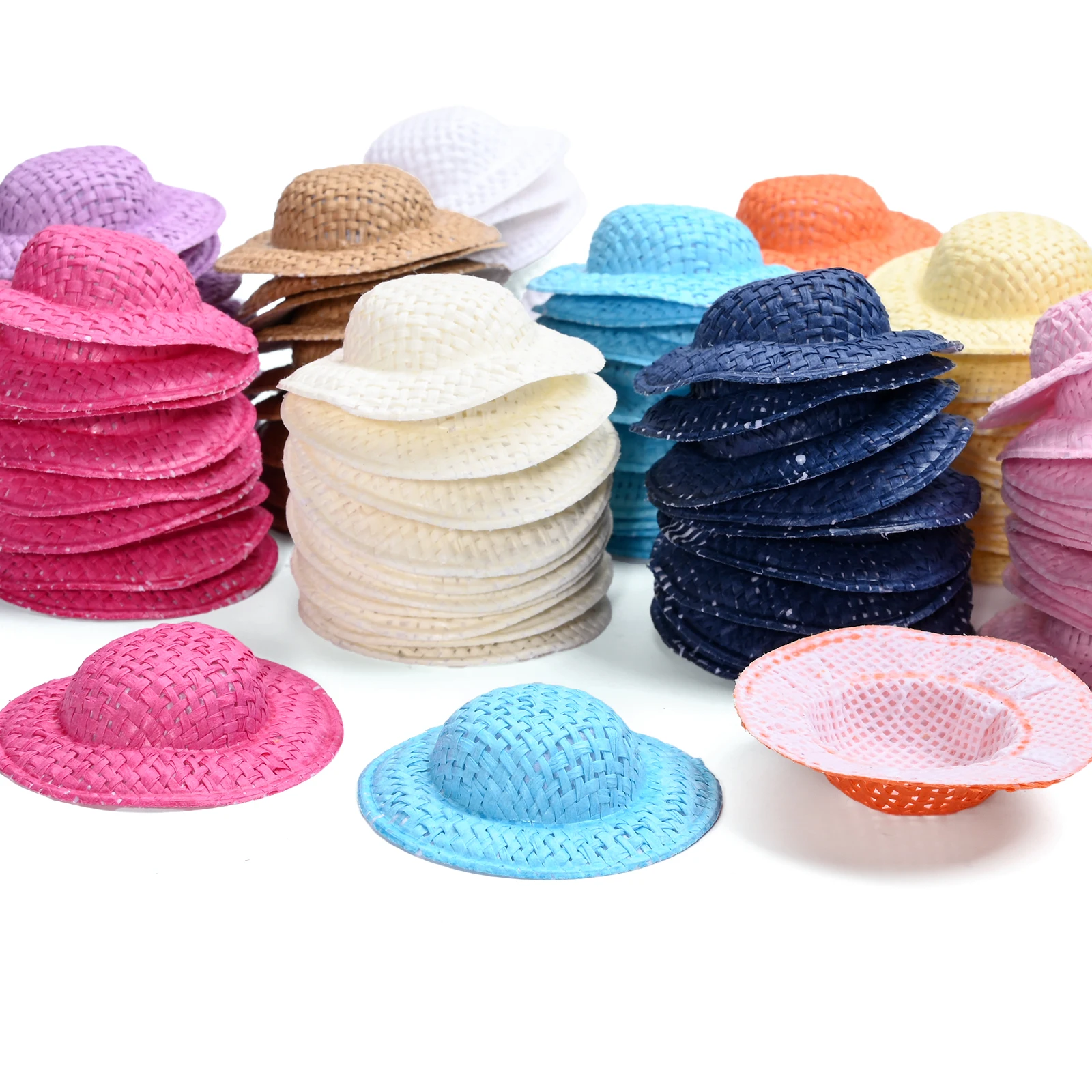10Pcs 5cm Mini Artificial Straw Hats, Random Mixed Color Doll Straw Hat Ornaments For DIY Crafts, Hair Accessories, Doll Decor