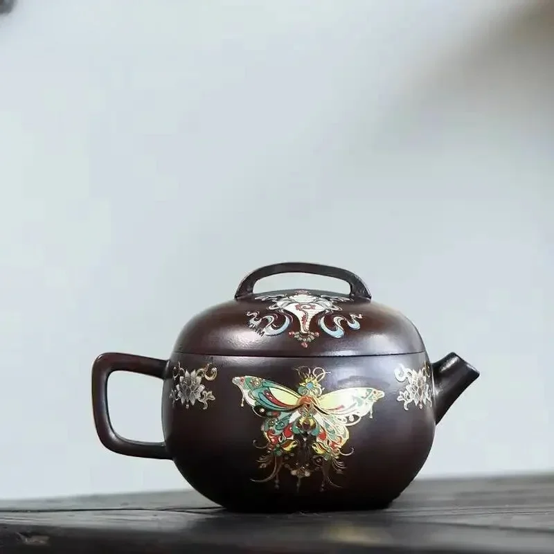 210ml Yixing Purple Clay Teapots Handmade Colour Enamels Large Caliber Pot Raw Ore Iron Blood Red Sand Mud Kettle Zisha Tea Set