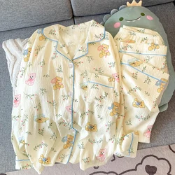 Cartoon Cute Bear Print Kawaii Women Pajamas French Elegant Romantic Flower Aesthetics Homewear 2025 Spring New Fashion Lounges