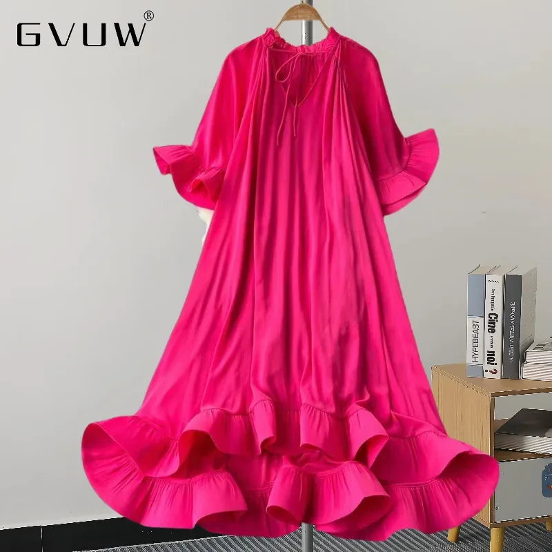 GVUW A Line Dress Women V Neck Flare Sleeve Loose Solid Color Lace-up A Line Fashion New 2024 Medium Long Dresses 17G7813