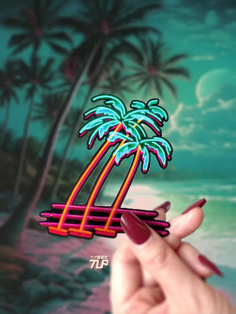 Retlper Hollow-Out Car Sticker Holiday Palm Tree Beach Lines Neon Effect Glass Waterproof Sticker