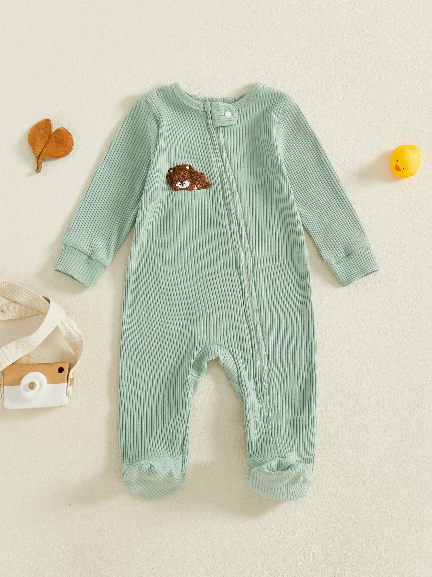 

Baby Boy Romper Long Sleeve Round Neck Animal Embroidery Jumpsuit Newborn Footless Pajamas