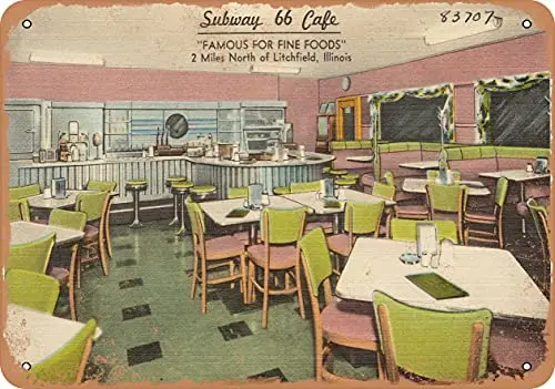 Metal Sign Illinois Postcard - Subway 66 Cafe, Vintage Rusty Look