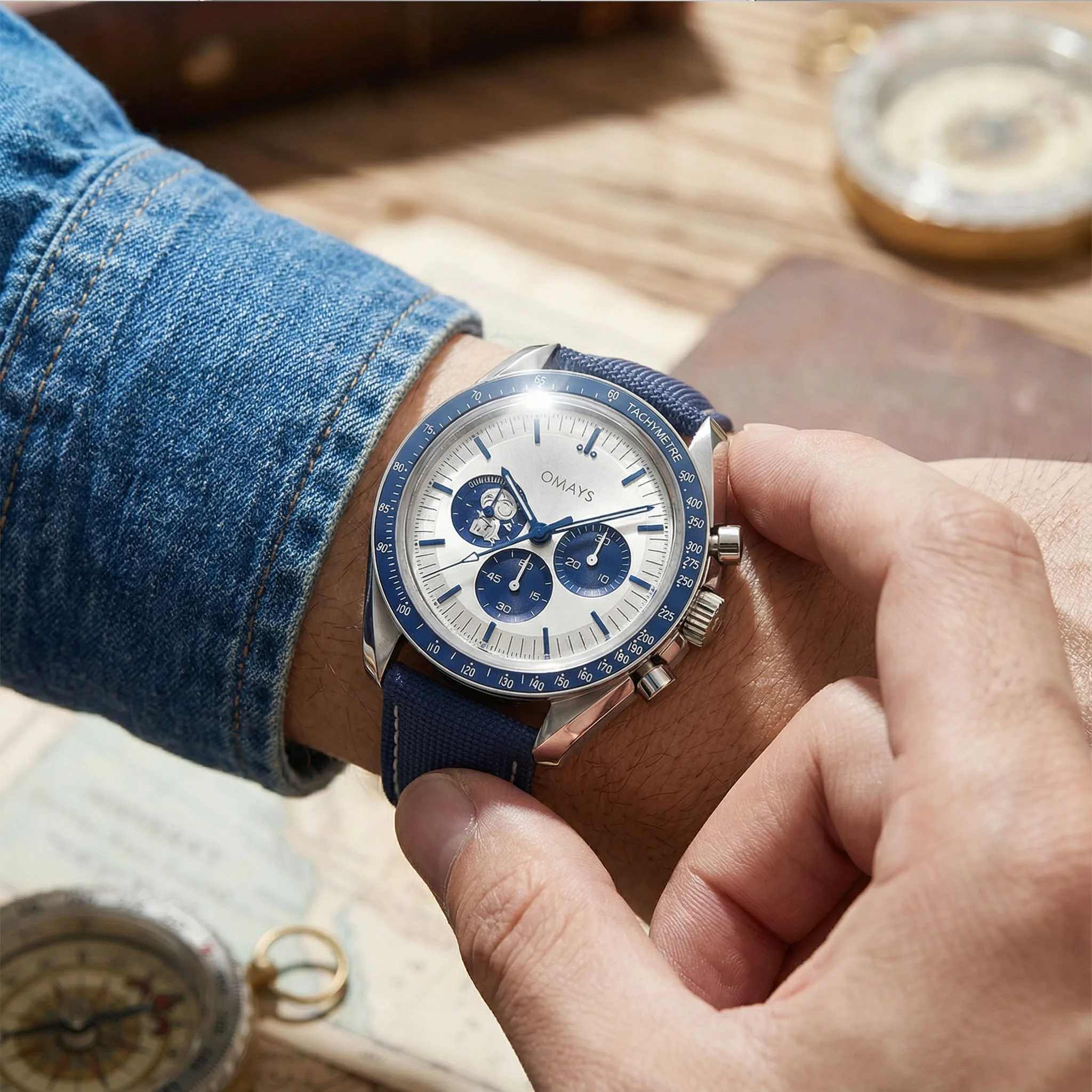 OMAYS Classic Blue Accent Watch, Chronograph Subdials & Tachymeter Scale, Timeless Design for All Occasions