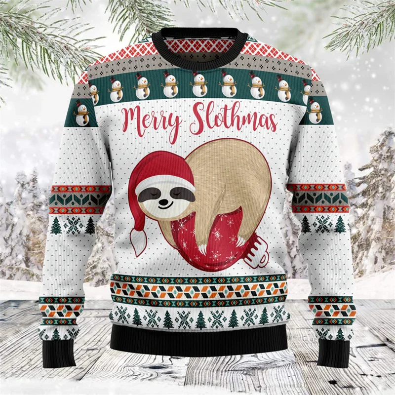 2025 cartoon ugly Christmas sweater Men Animal sloth sweatshirt Long sleeve jumper Men and women children adult Christmas holida