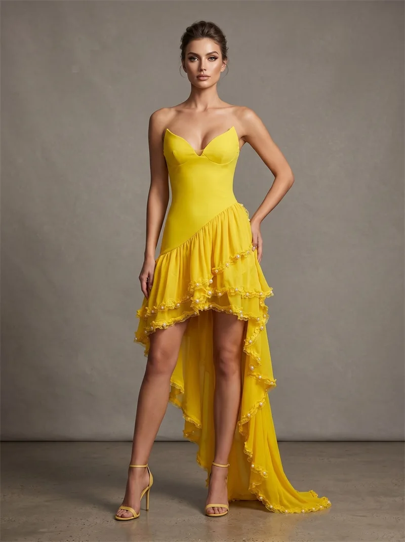 Yellow Sexy Lace Prom Dress Strapless Sweetheart Tiered High Low Party Gown Ruffled Pearl Trim Elegant Evening Birthday Robe