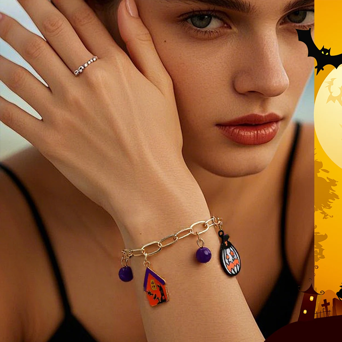 Pulseras con colgante de calabaza y calavera para mujer, serie de Halloween, divertido fantasma, araña, murciélago, cadena de Metal, pulsera con dijes, regalos de joyería para fiesta