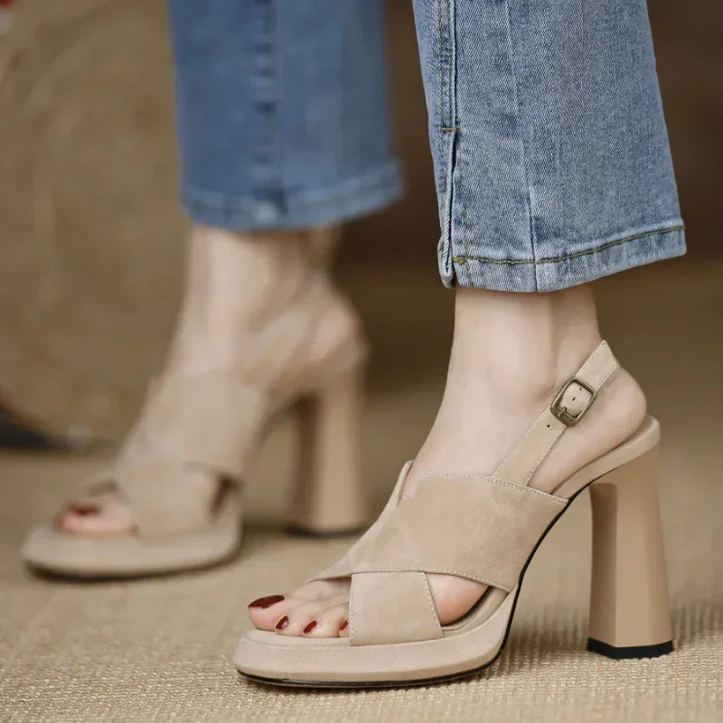 Women Cross Strap High Heels Sandals Summer New Black Hook Heels Party Shoes Woman Fashion Buckle Strap Platform Sandals