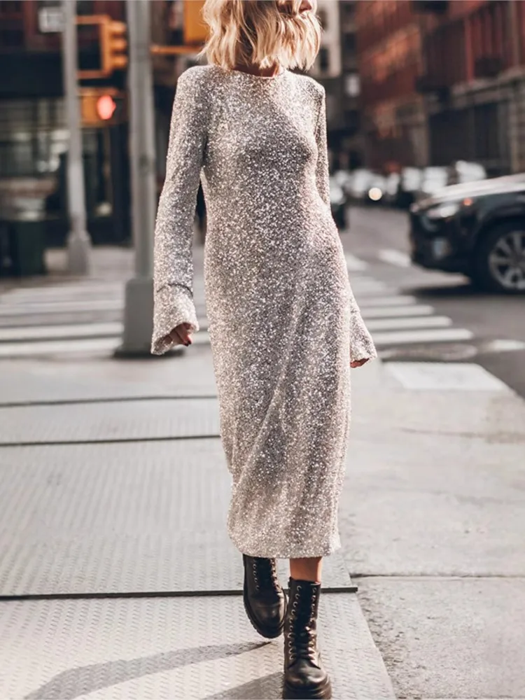 

Simple Sequin Street Temperament Long-sleeved One-piece Skirt Autumn And Winter High-waisted One-button Round-neck Long Skirt