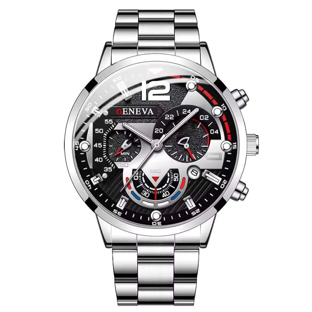 طقم سوار وقلادة ساعة كوارتز للرجال ، سوار فولاذية فضي ، ساعات عمل ، موضة ، بدون صندوق ، 3 * *