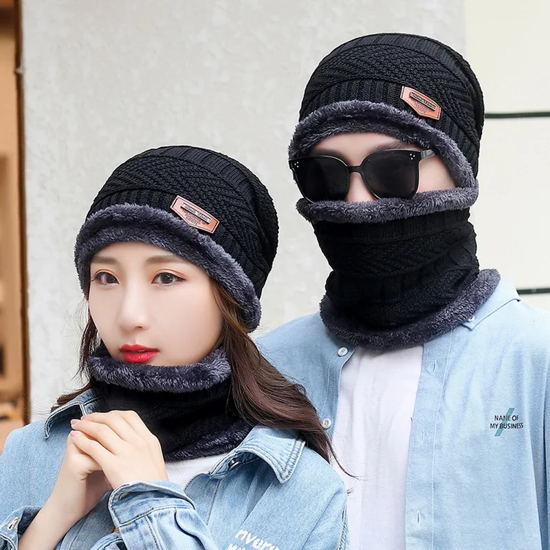 3pcs/set Fashion Knitted Hat Men Women\'s Winter 2022 Hats With Scarves And Touch Screen Gloves Thick Warm Beanie Hat Men Caps