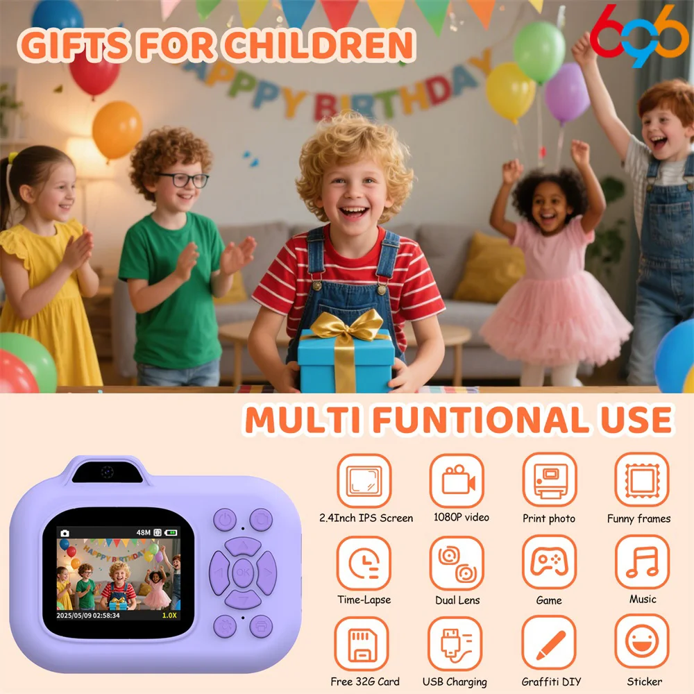 Sofortdruckkamera für Kinder, Mini-Digitalvideokamera, 1080P, Dual-Objektiv, Fotodruck, Thermopapierkamera, Jungen- und Mädchengeschenke, Neu