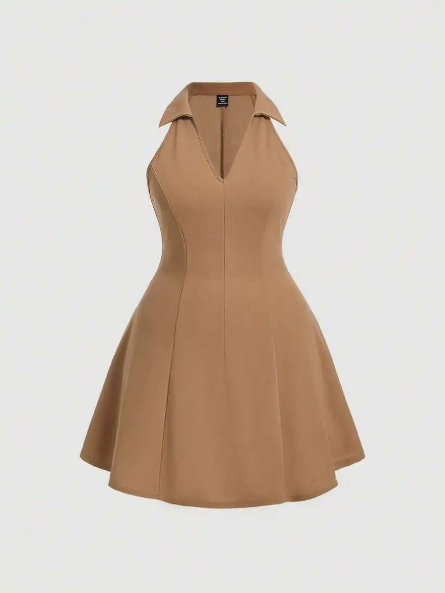 

Tan Solid Collar Sleeveless A-Line Dress for Graduation or Birthday