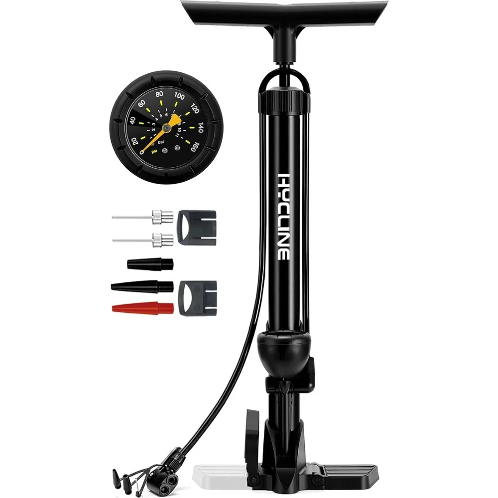 Bike Floor Pump with Gauge: 160 PSI High Pressure Bicycle Pumps - Durable Air Pump Fits Presta & Schrader Valve - Inflator for Road MTB Tire, Ball, Balloon, Inflatables