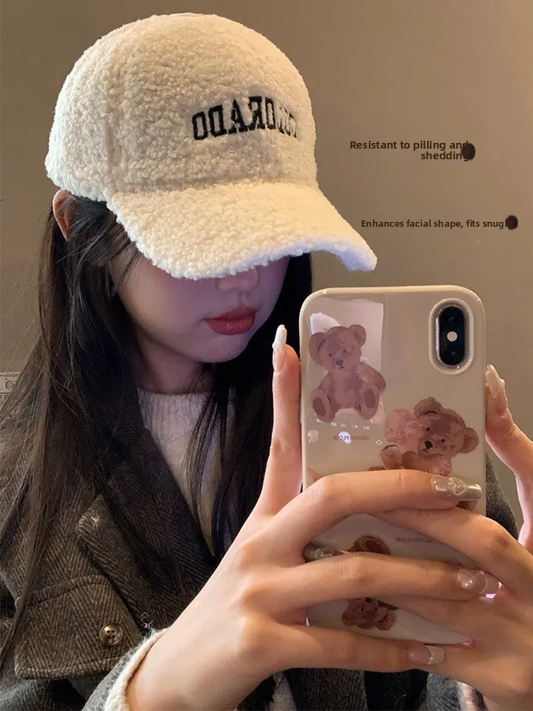 Korean Style White Lamb Velvet Baseball Cap Women Winter New Face Slimming Warm Cold Resistant Duckbill Cap Casual