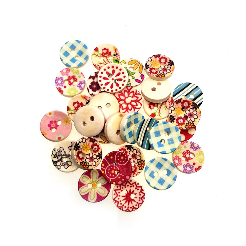 50PCs Wood Sewing Buttons Scrapbooking 2 Holes Flower Mixed Random 15mm Dia. Costura Botones Decorate bottoni botoes B20428