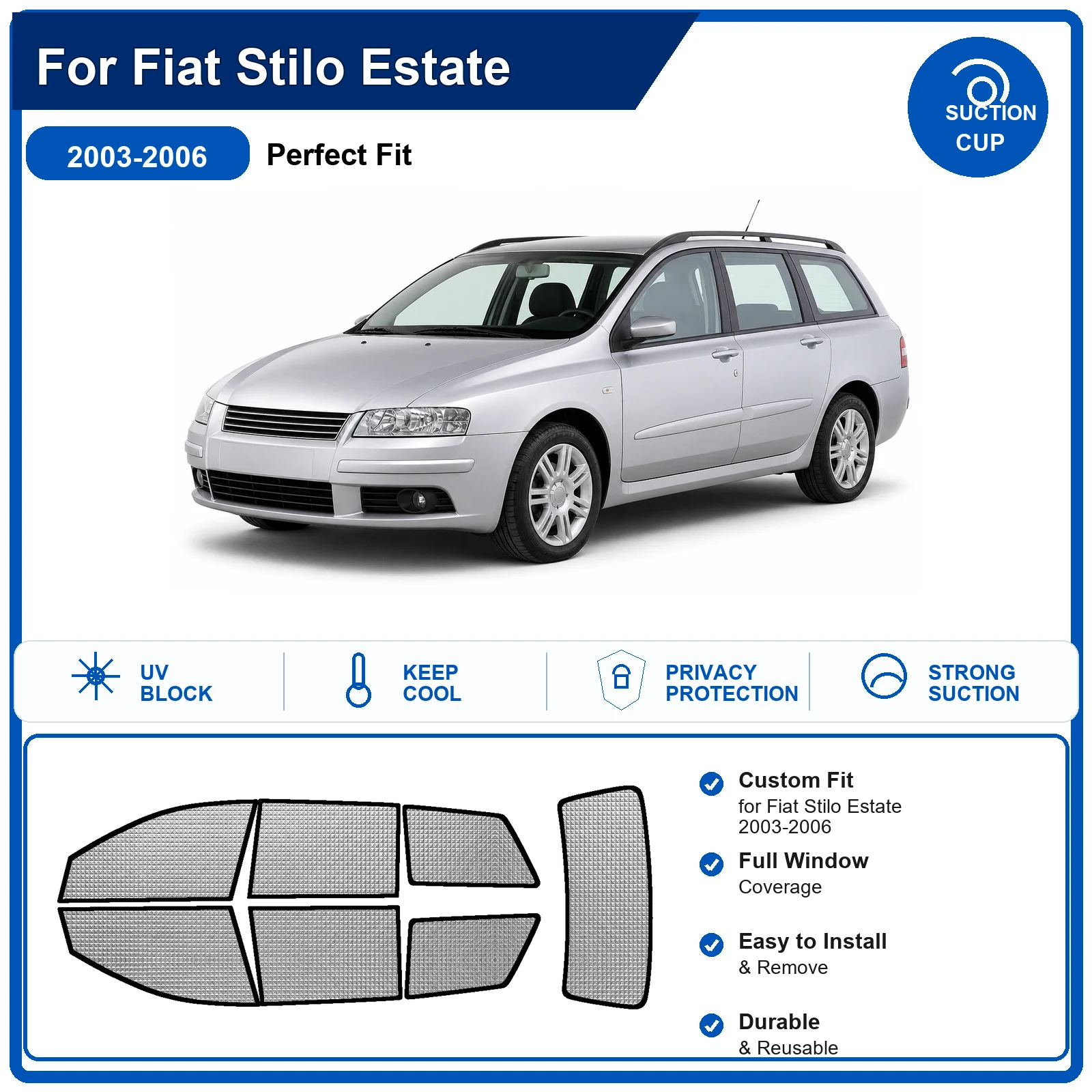 For Fiat Stilo Estate 2003-2006 Custom Full Set Windshield Sun Shade Aluminum Foil Heat Insulation Anti UV Foldable