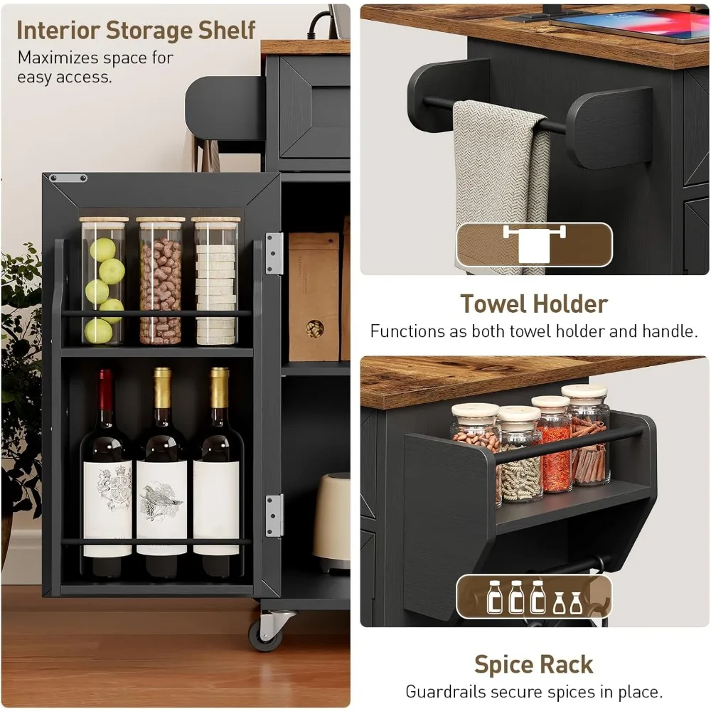 جزيرة المطبخ مع منافذ كهربائية وأوراق قطرة، عربة مطبخ مع مساحة تخزين، درج ورف توابل، رف برجي، طاولة جزيرة، أسود #5