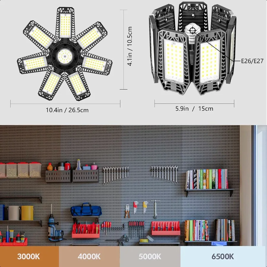 LED Garage Light 2 Pack 200W 20000LM 6500K LED Garage Ceiling Lights with 7+1 Adjustable Panels Shop Lights Screw in E26 E27 Bu