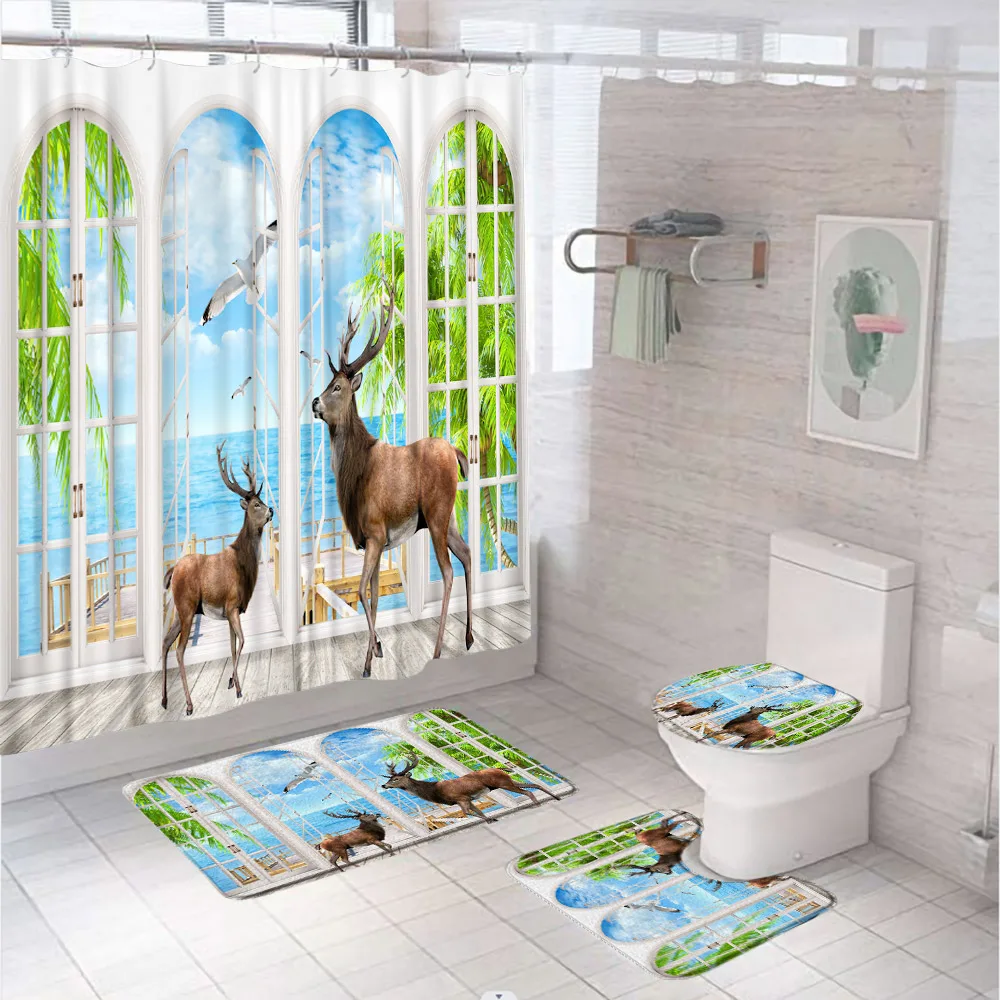 

Ocean Scenery Palm Tree Shower Curtain Set Animal Bird Deer Window Balcony Bathroom Curtains Non-Slip Bath Mat Rug Toilet Cover