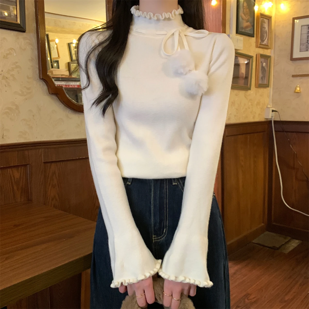 

Fall Turtleneck Women Sweater Fashion Slim Long Flare Sleeve Bottoming Knitwear Jumper Korean Simple Basic Knitted Pullovers