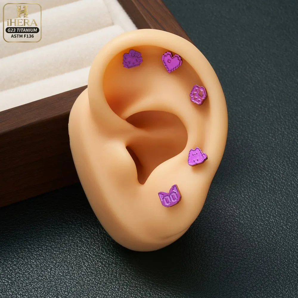80V ASTM F136 Titan Lila Pixel Niedliches Ohrring-Set Retro Gamer Labret Piercing Helix Tragus Conch Nasenknorpel Ohrstecker Set – Detail 14