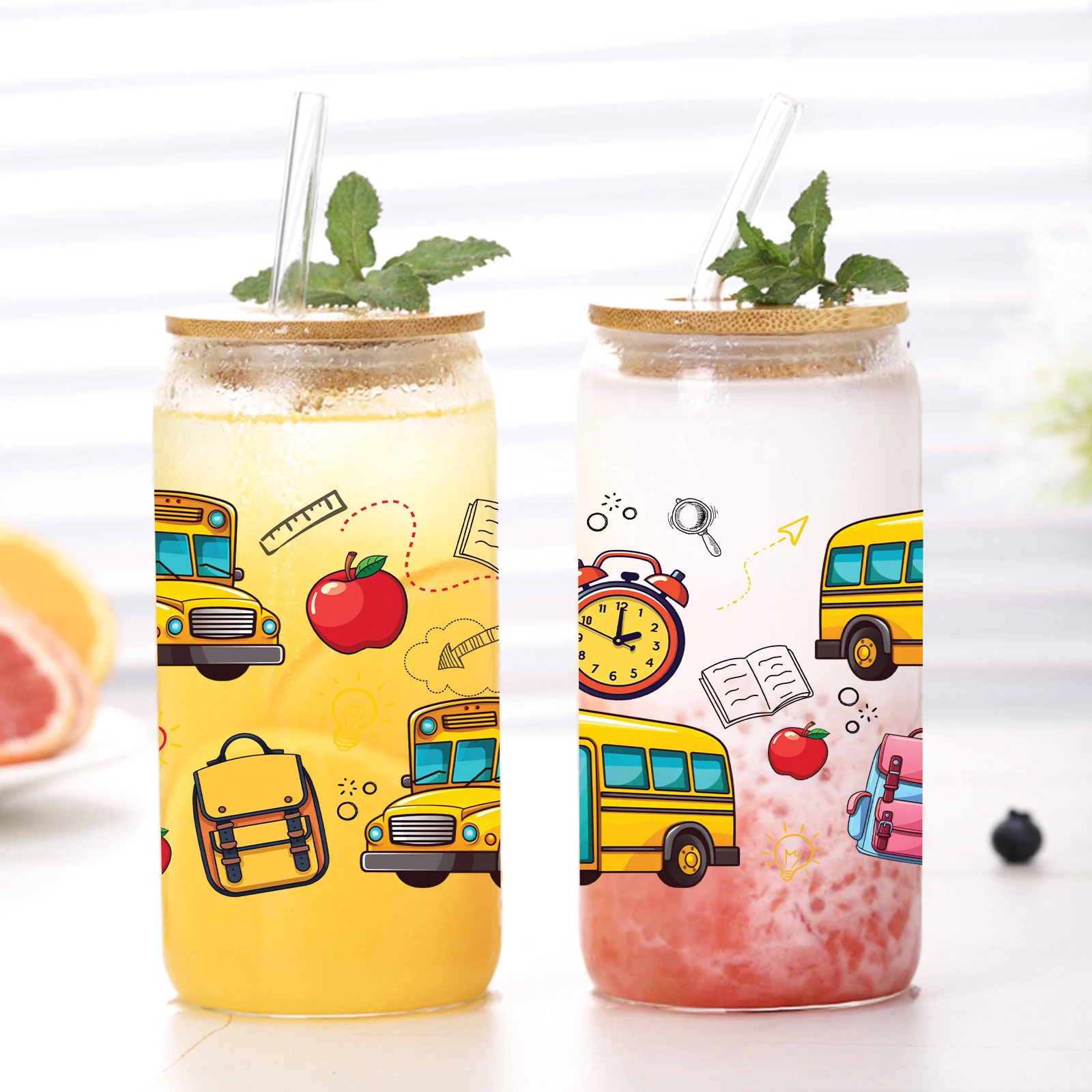 School Bus 3d Pattern 16oz Glass Tumbler Mug With Lid&Straw Coffee Glass Mug Iced Coffee Lover Gift Back To School Gifts