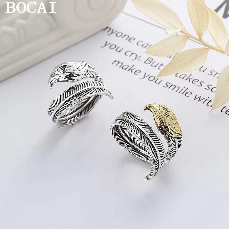 

BOCAI New S925 Sterling Silver Fashiong Engraved Eagle Ring Punk Retro Trend Men And Women Rings Couple Gifts