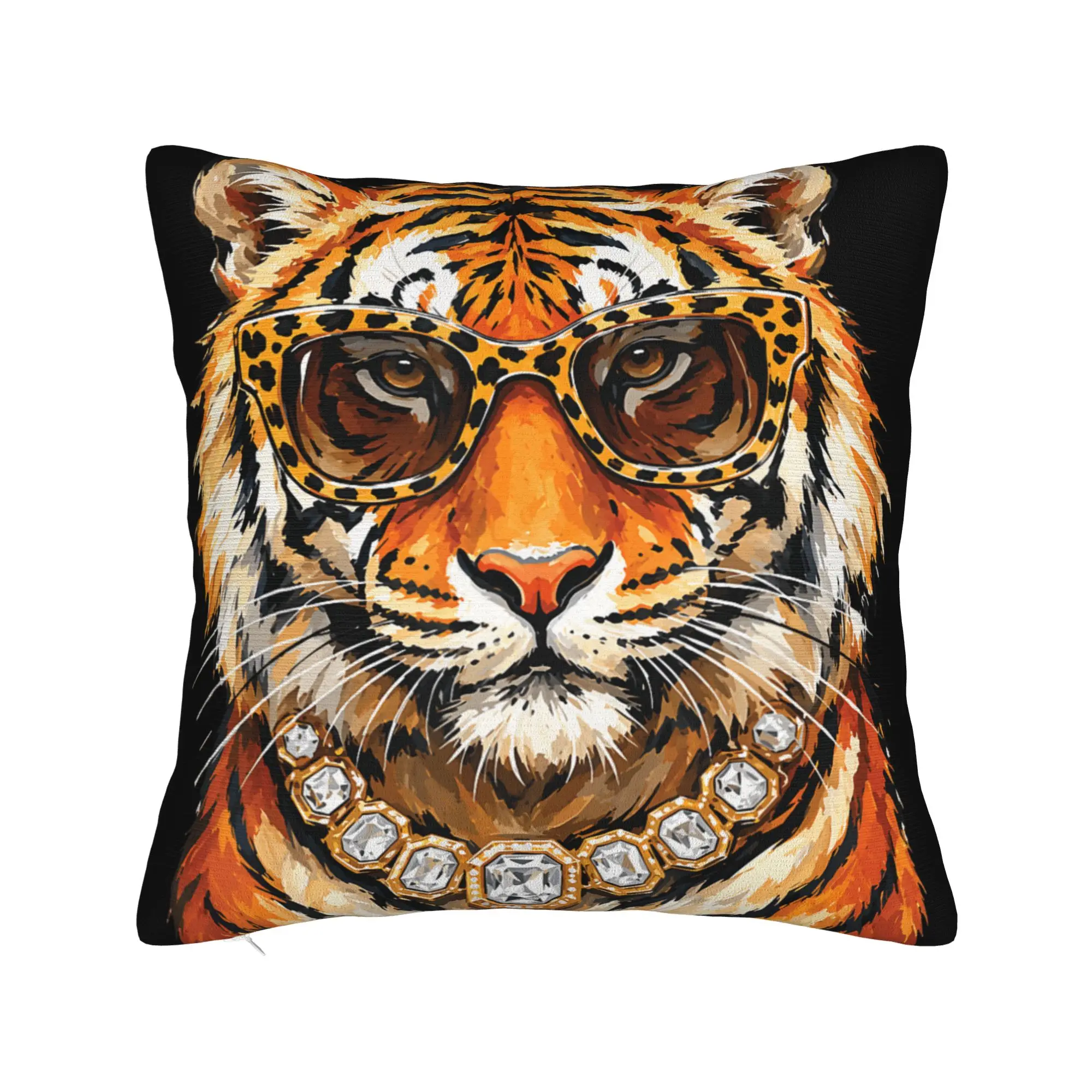 Bling Tiger Sunglasses Necklace Wild Animal Art Pillow Case  Graphic Pillow Cover Kawaii Pillowcases For Sofa Car Home Decor