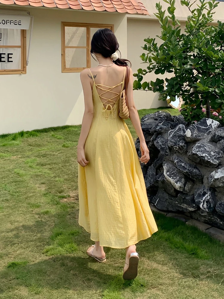 

Yellow Bal Strap Dr Women's Summer Photoaphy New Pure Desire Slim Fit Waist Cinch Slimming Holiday Beach Long Dr