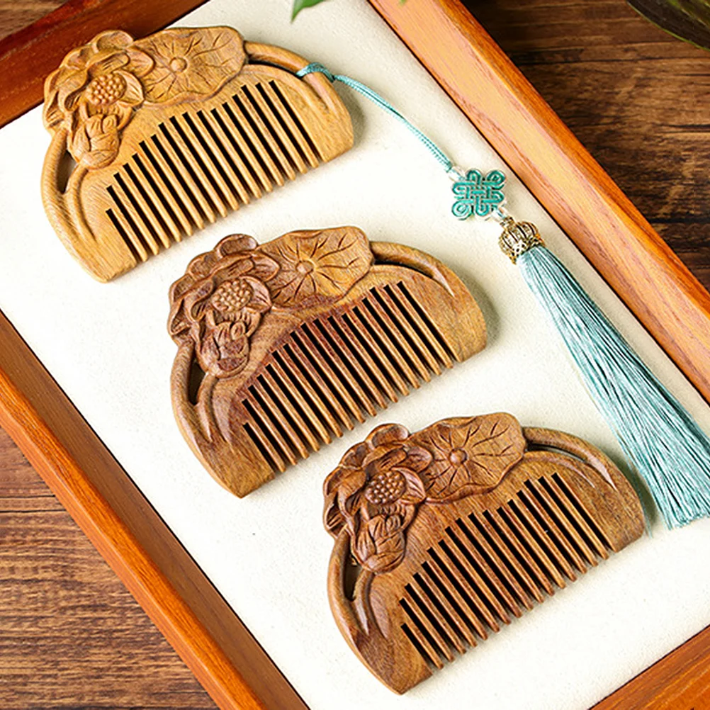 Scalp Massager Wooden Comb Sandal Hair Carved Sandalwood Japanese-style Lotus Brush Brown