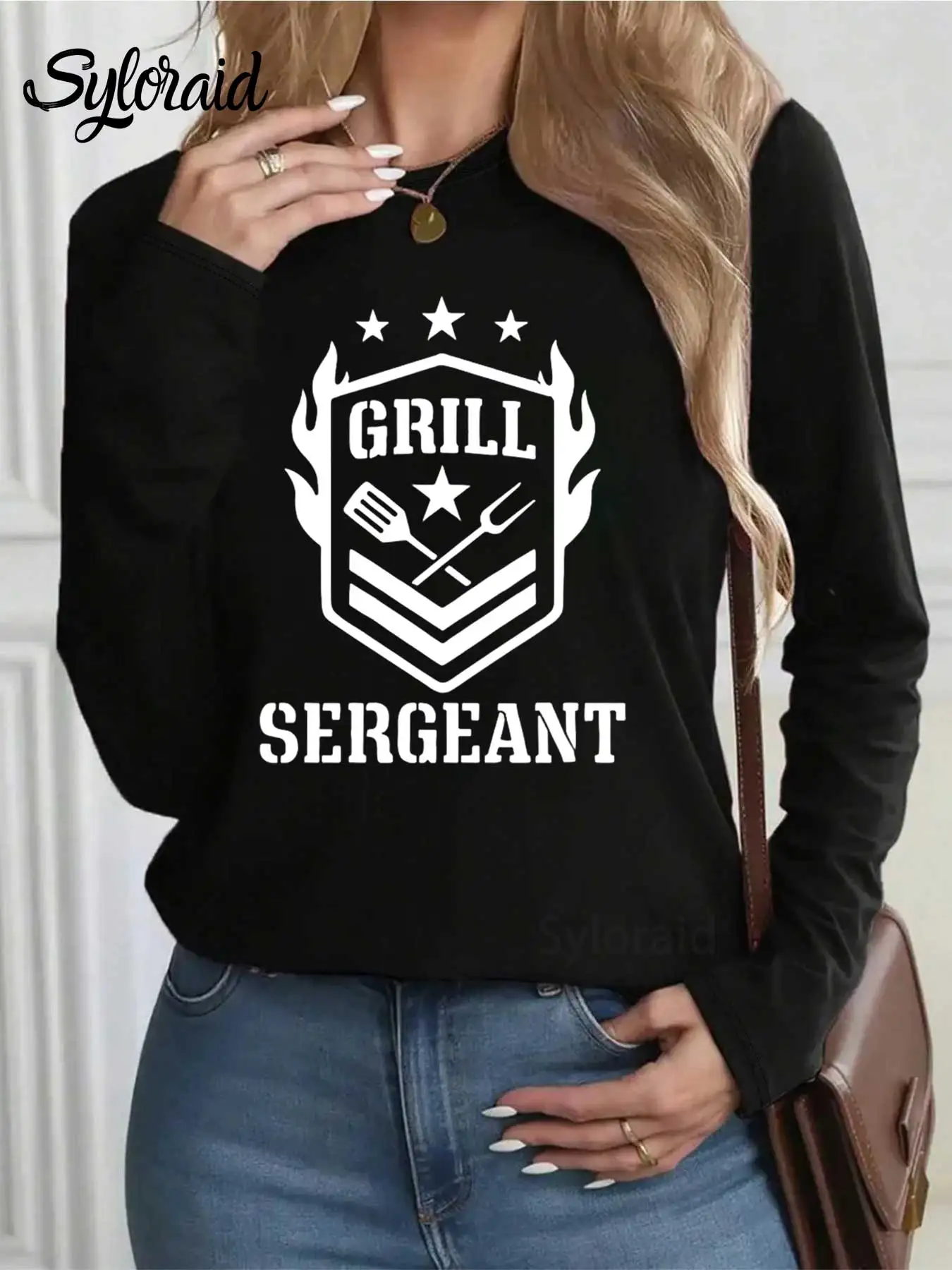 Maglietta a maniche lunghe da donna Maglietta Grill Sergeant Maglietta divertente per la festa del papà BBQ Camicia per papà Moda girocollo Top casual